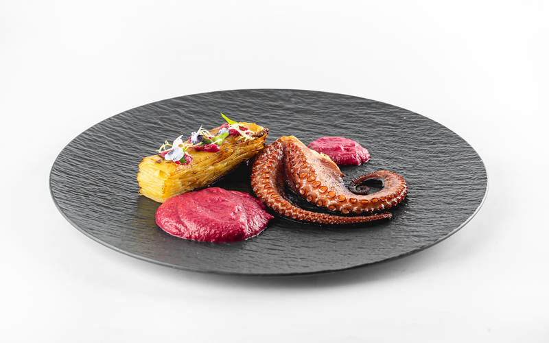 Octopus with potato granite and smoked beetroot mousse
